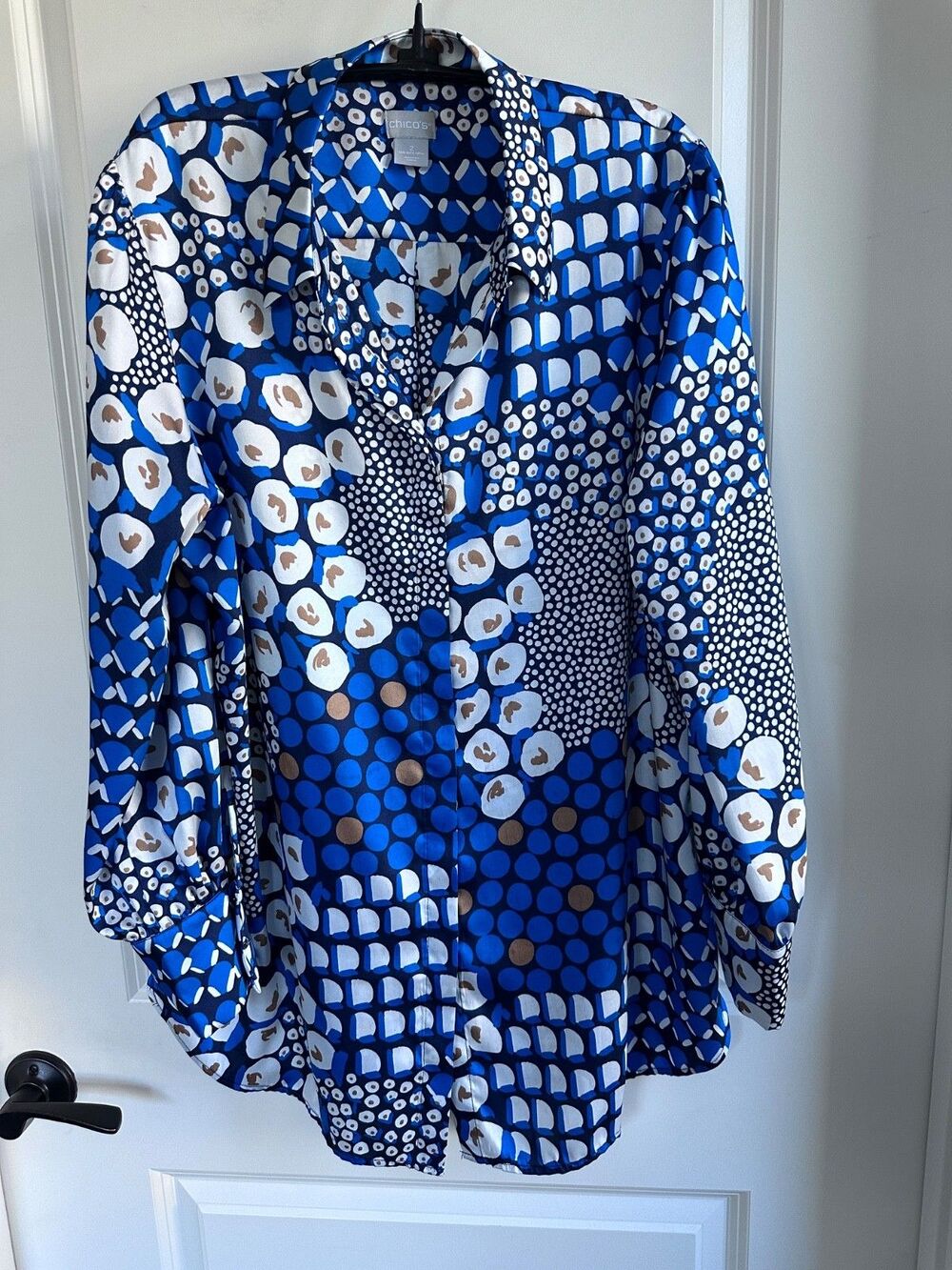 Chico's Polyester Tunic Shirt Geometric Blue & White Chico’s 2 (Large / US 12)
